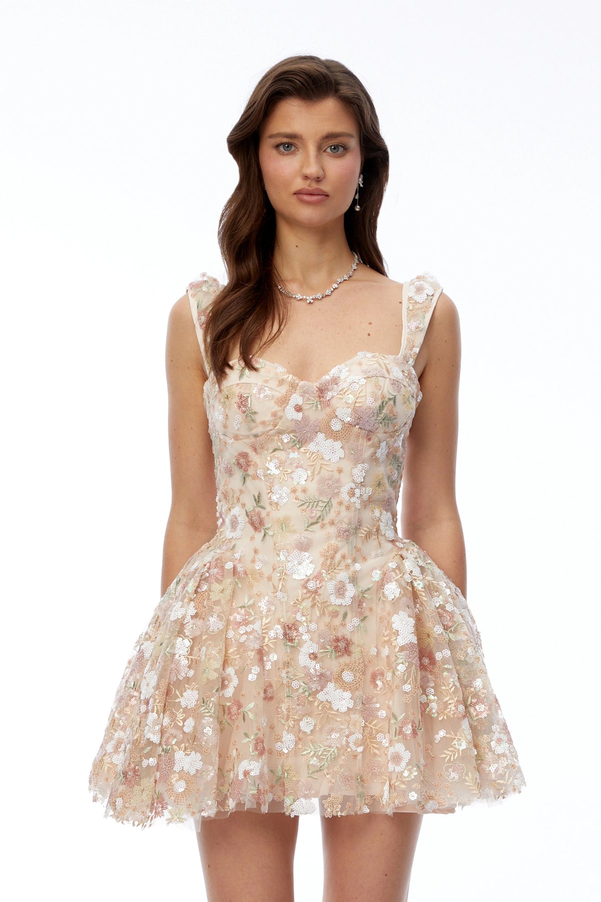 Stephanie Neutral Floral Sequin Ruffled Mini Dress