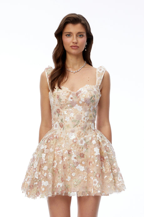 Marley Mini Dress Neutral Floral Sequin Ruffled