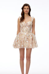 Stephanie Neutral Floral Sequin Ruffled Mini Dress