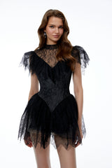 Sterre Black Lace Ruffled Mini Dress