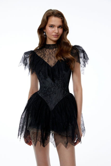Kara Mini Dress Black Lace Ruffled