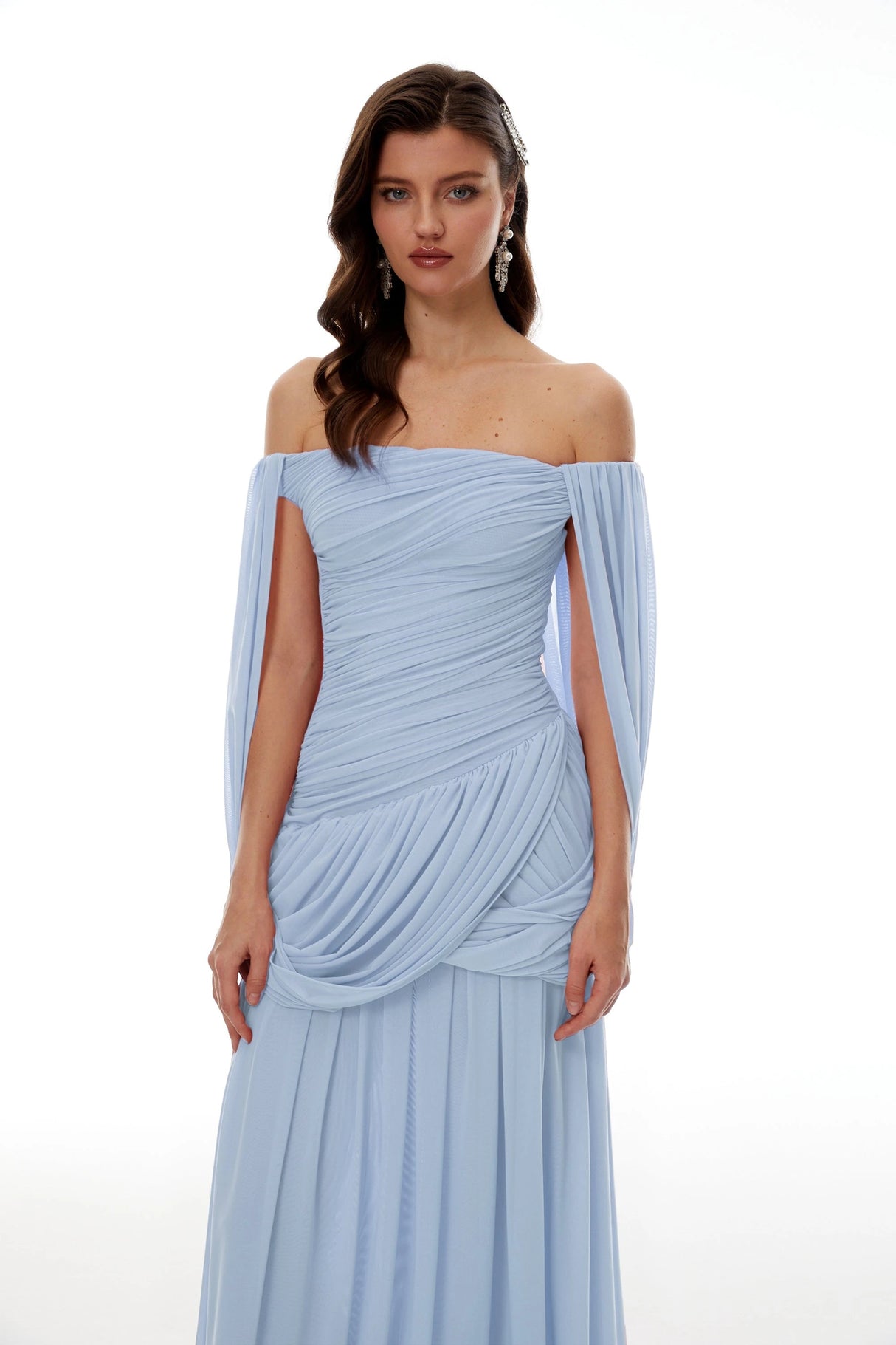 Suné Blue Cross Front Ruched Maxi Dress