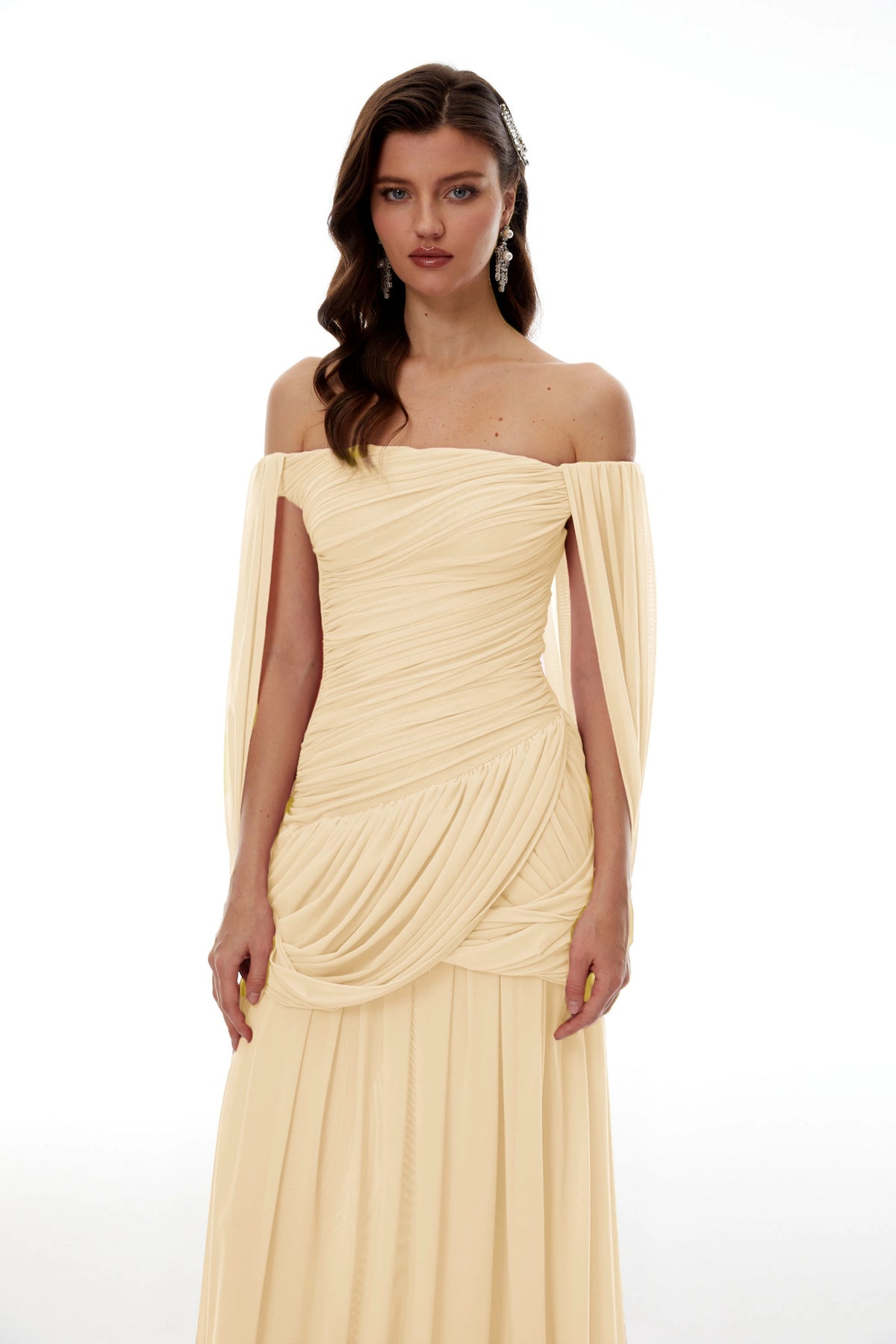 Suné Yellow Cross Front Ruched Maxi Dress