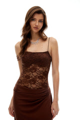 Sunniva Brown Lace Panel Asymmetrical Maxi Dress