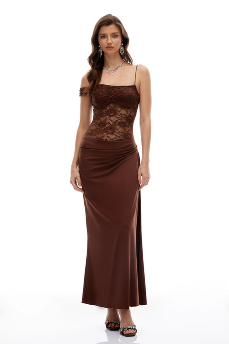 Raffaela Maxi Dress Brown Lace Panel Asymmetrical