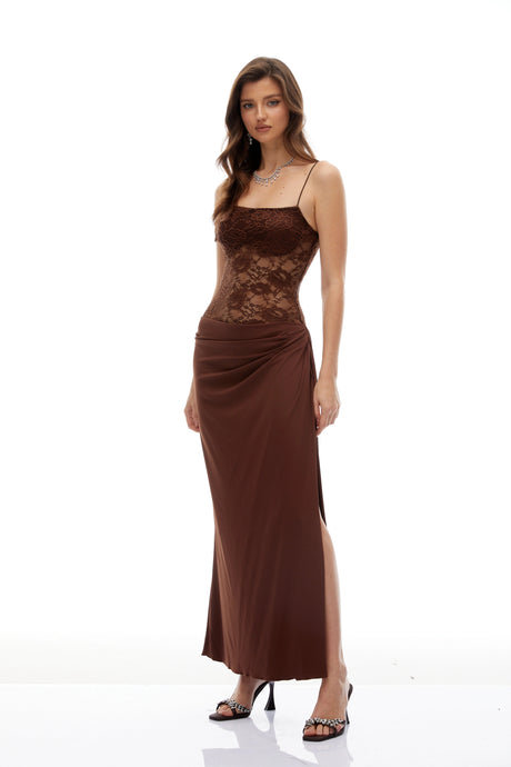 Madison Maxi Dress Brown Lace Panel Asymmetrical