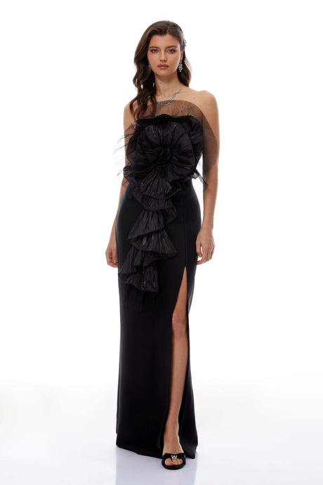 Ippolita Maxi Dress Black 3D Petal Ruffled