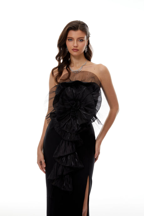 Ippolita Maxi Dress Black 3D Petal Ruffled