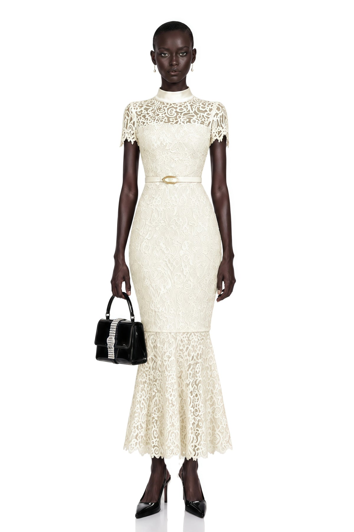 Suzanne Ivory Mock Neck Floral Lace Mermaid Maxi Dress
