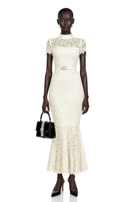 Brunella Maxi Dress Ivory Mock Neck Floral Lace Mermaid