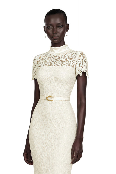 Brunella Maxi Dress Ivory Mock Neck Floral Lace Mermaid