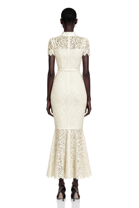 Brunella Maxi Dress Ivory Mock Neck Floral Lace Mermaid