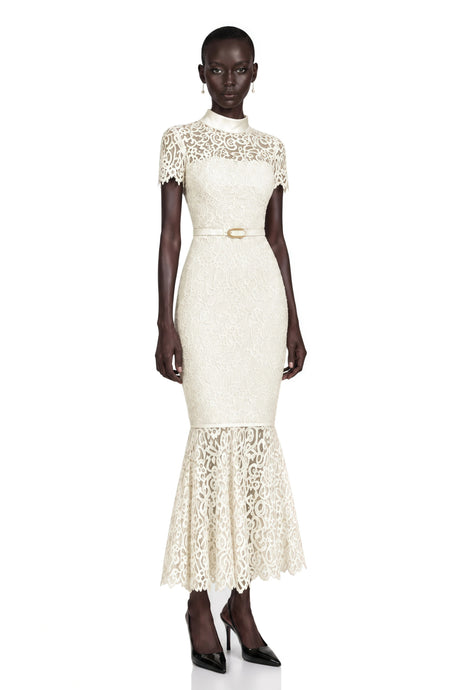 Brunella Maxi Dress Ivory Mock Neck Floral Lace Mermaid