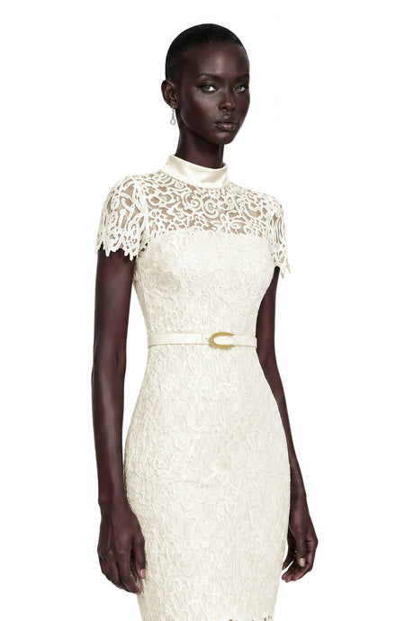 Brunella Maxi Dress Ivory Mock Neck Floral Lace Mermaid