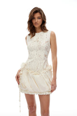 Svein Neutral Pleated Floral Lace Mini Dress