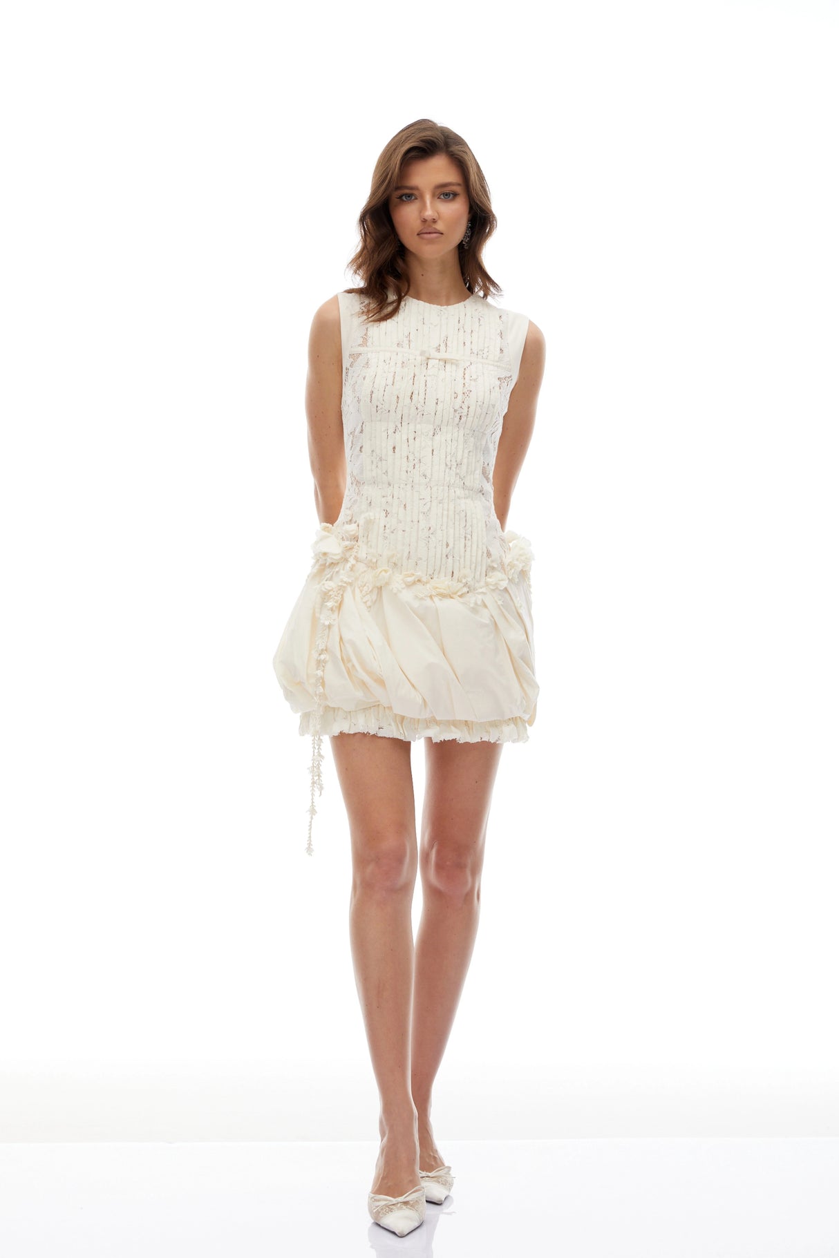 Svein Neutral Pleated Floral Lace Mini Dress