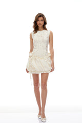 Svein Neutral Pleated Floral Lace Mini Dress