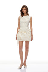 Svein Neutral Pleated Floral Lace Mini Dress