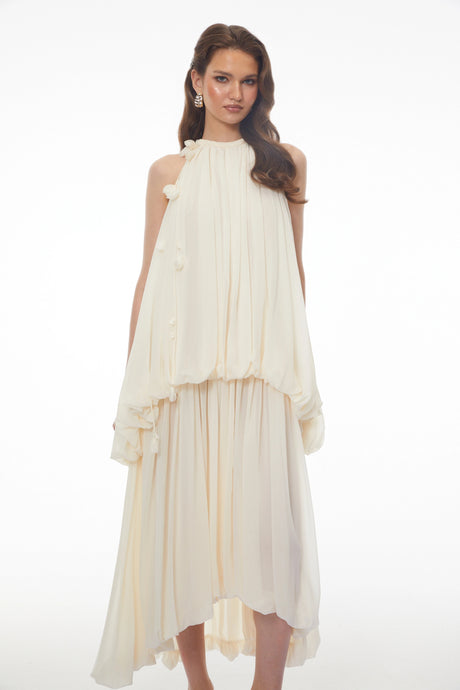 Diana Maxi Dress White Halterneck Ruched with 3D Florals