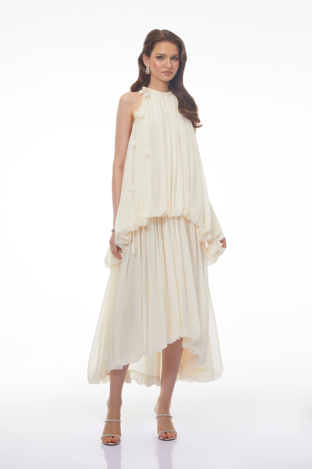 Svetlana White Halterneck Ruched Maxi Dress with 3D Florals