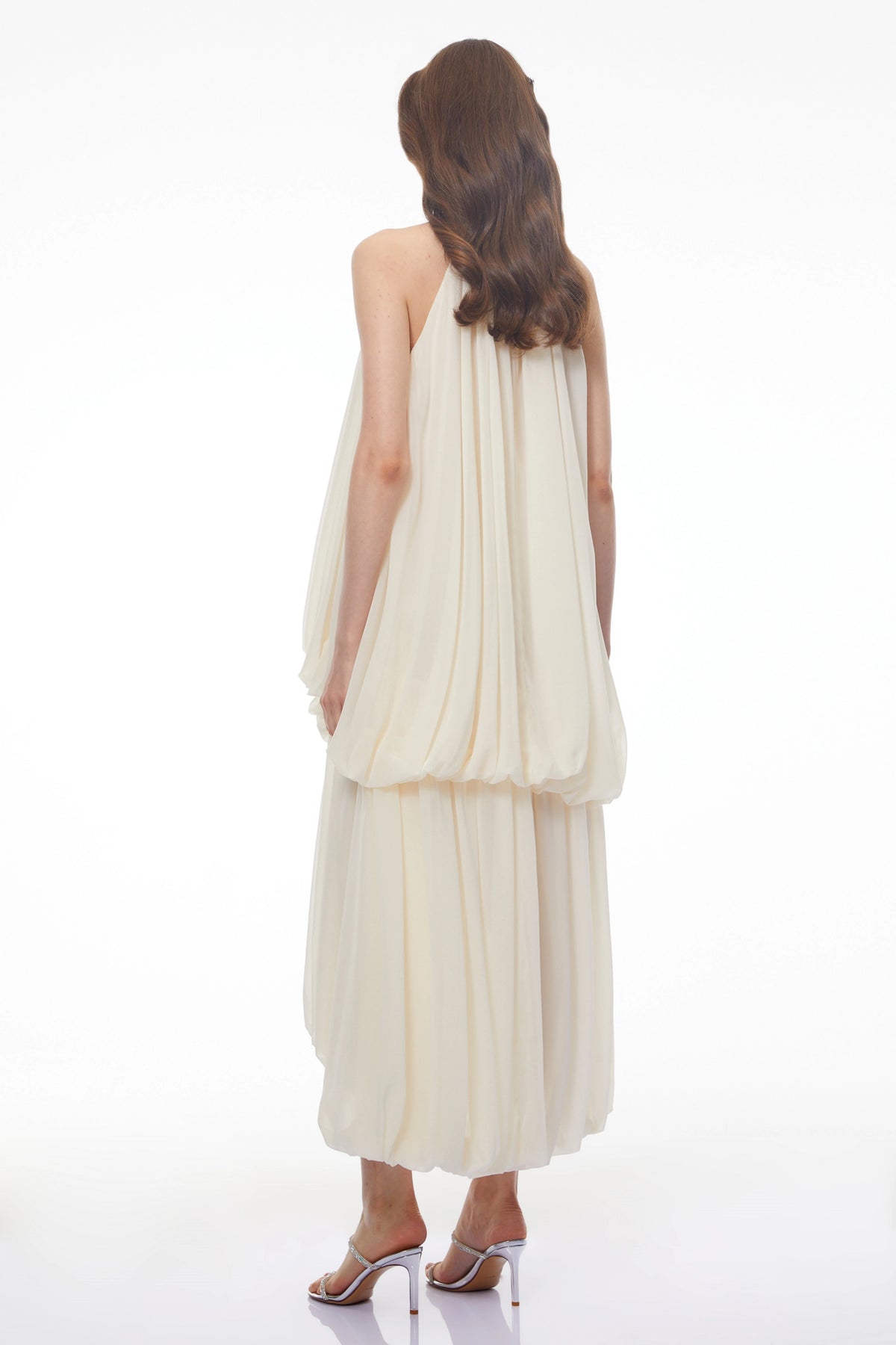 Svetlana White Halterneck Ruched Maxi Dress with 3D Florals