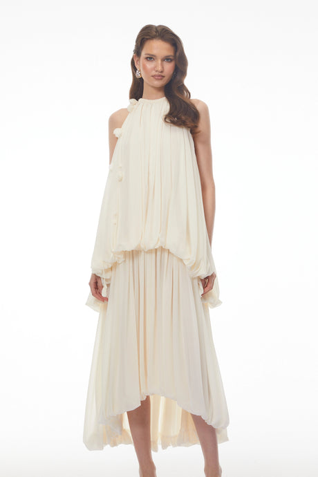 Diana Maxi Dress White Halterneck Ruched with 3D Florals
