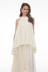 Svetlana White Halterneck Ruched Maxi Dress with 3D Florals