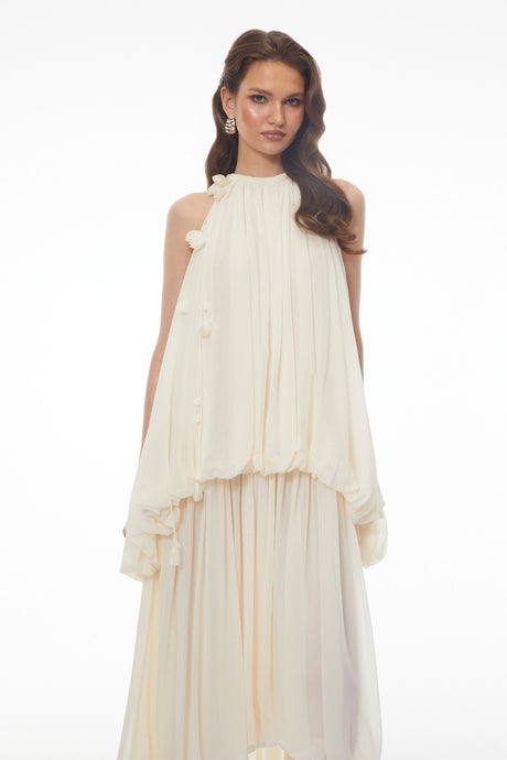 Diana Maxi Dress White Halterneck Ruched with 3D Florals