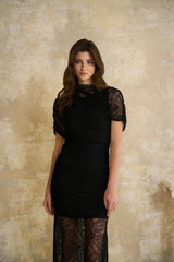 Sylphe Black Asymmetrical Ruched Lace Maxi Dress
