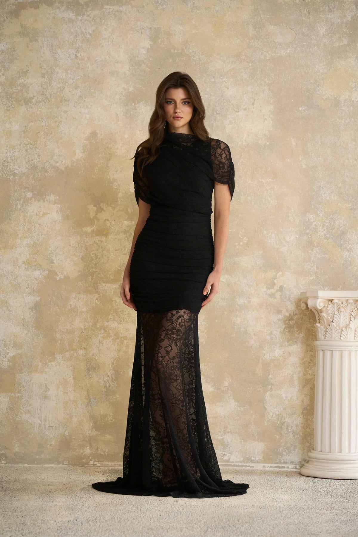 Sylphe Black Asymmetrical Ruched Lace Maxi Dress