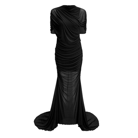 Margaret Maxi Dress Black Asymmetrical Ruched Mesh