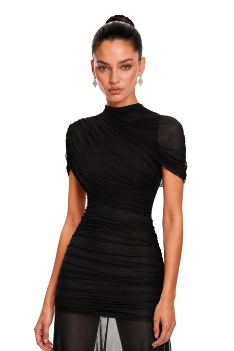 Margaret Maxi Dress Black Asymmetrical Ruched Mesh