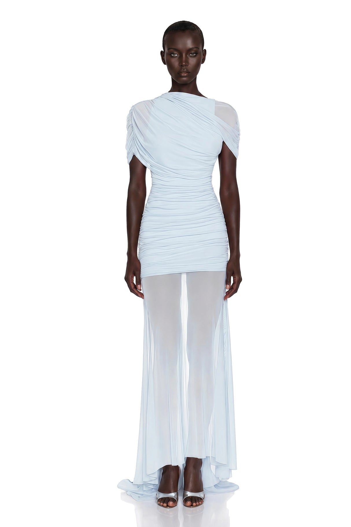 Sylphe Blue Asymmetrical Ruched Mesh Maxi Dress