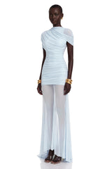Sylphe Blue Asymmetrical Ruched Mesh Maxi Dress