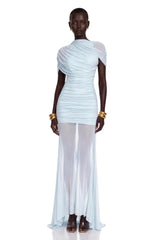 Sylphe Blue Asymmetrical Ruched Mesh Maxi Dress