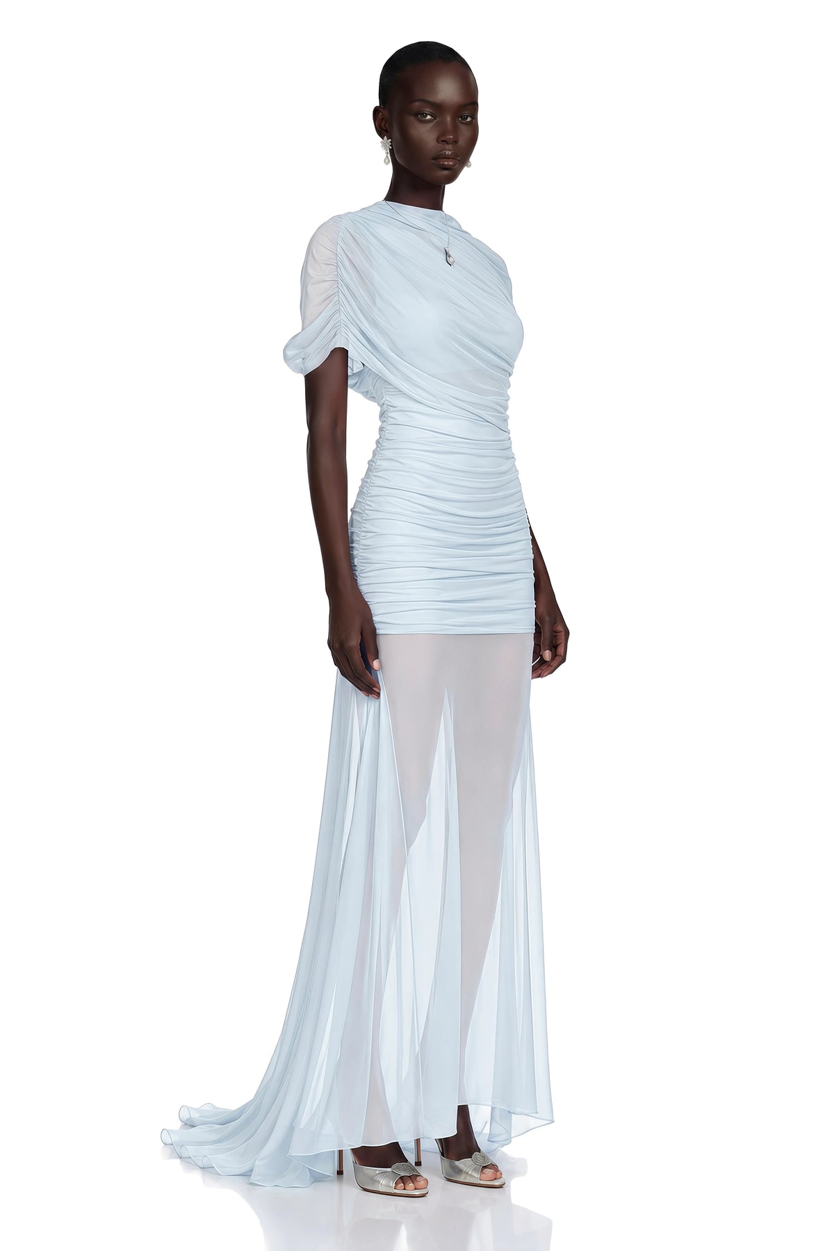 Sylphe Blue Asymmetrical Ruched Mesh Maxi Dress