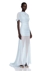 Sylphe Blue Asymmetrical Ruched Mesh Maxi Dress