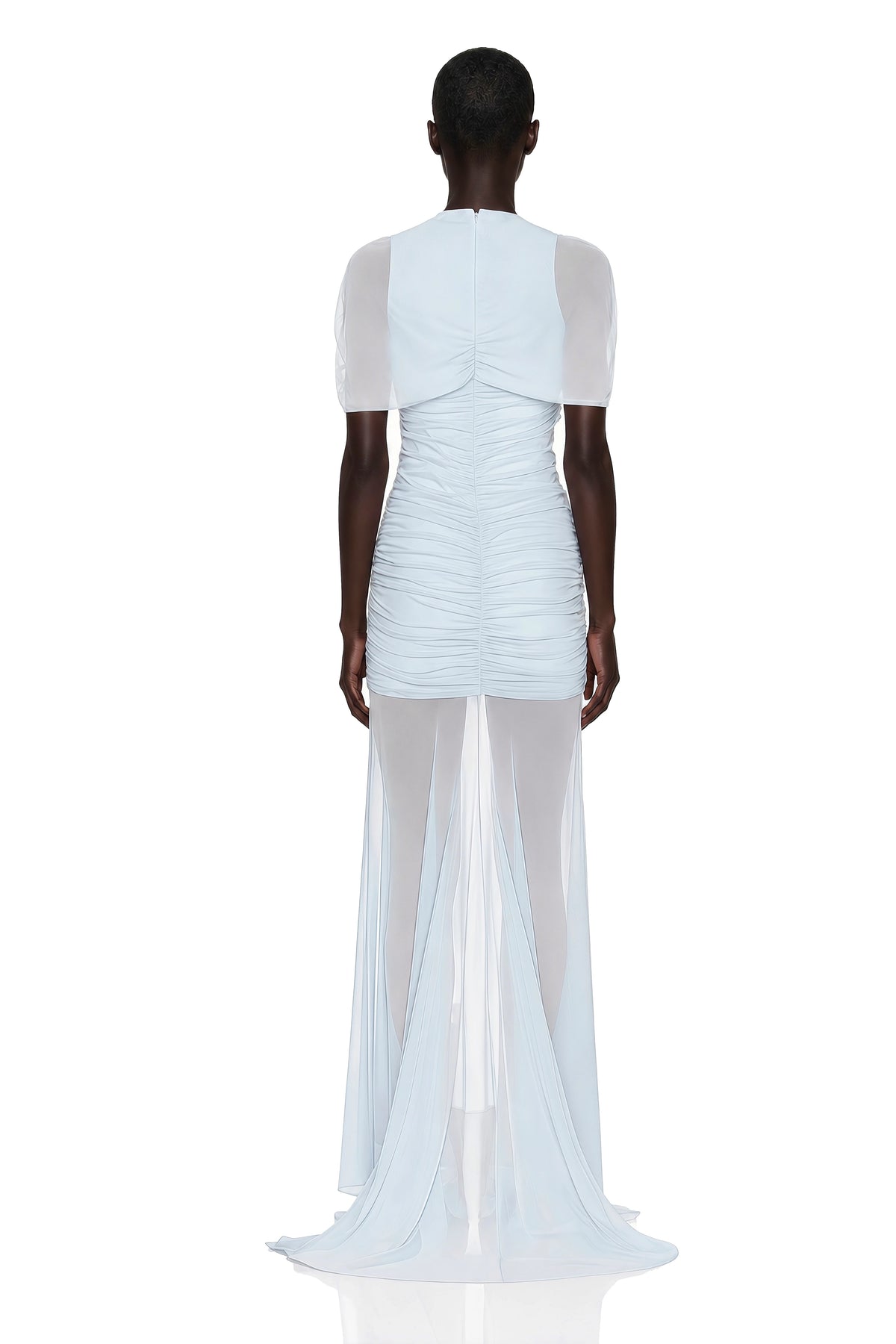 Sylphe Blue Asymmetrical Ruched Mesh Maxi Dress