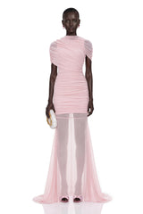 Sylphe Pink Asymmetrical Ruched Mesh Maxi Dress