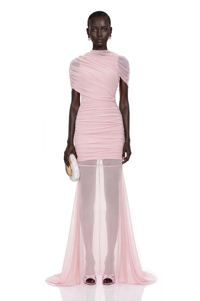 Sylphe Pink Asymmetrical Ruched Mesh Maxi Dress