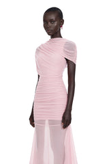 Sylphe Pink Asymmetrical Ruched Mesh Maxi Dress