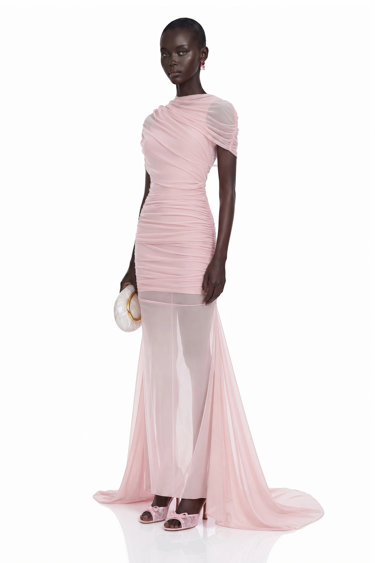 Sylphe Pink Asymmetrical Ruched Mesh Maxi Dress