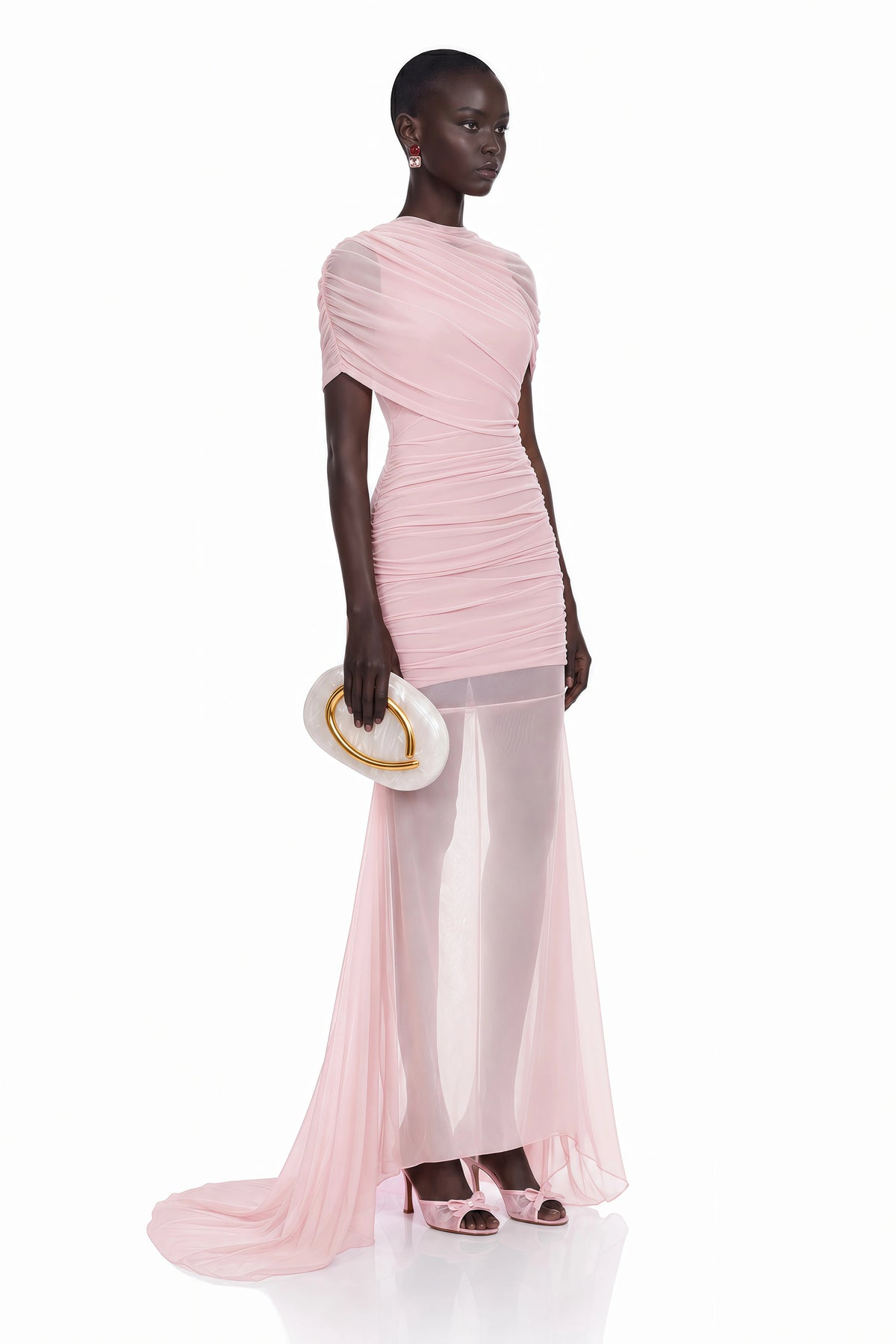 Sylphe Pink Asymmetrical Ruched Mesh Maxi Dress