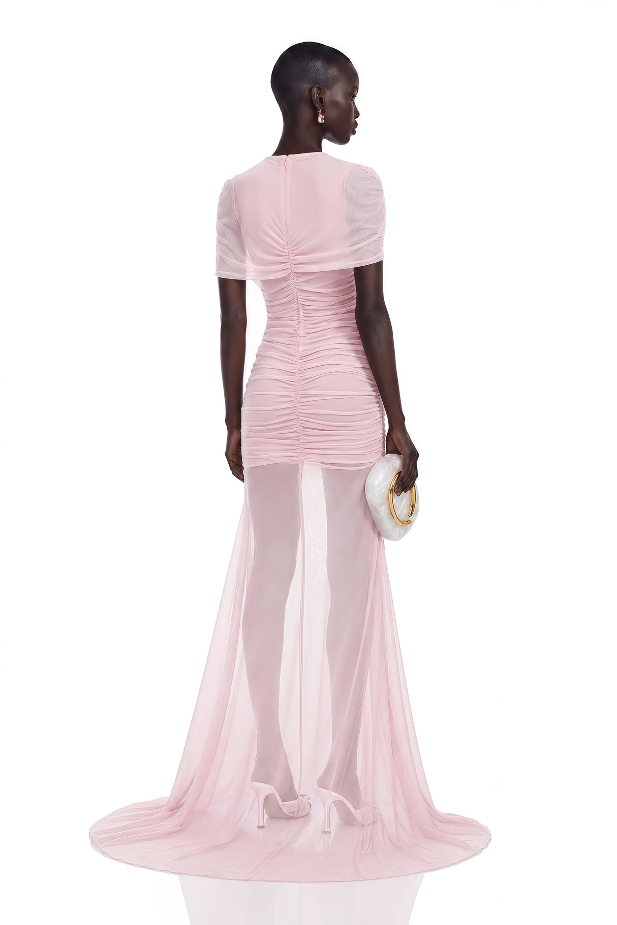 Sylphe Pink Asymmetrical Ruched Mesh Maxi Dress
