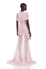 Sylphe Pink Asymmetrical Ruched Mesh Maxi Dress
