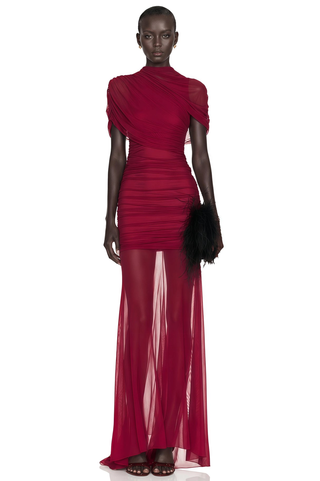 Sylphe Red Asymmetrical Ruched Mesh Maxi Dress