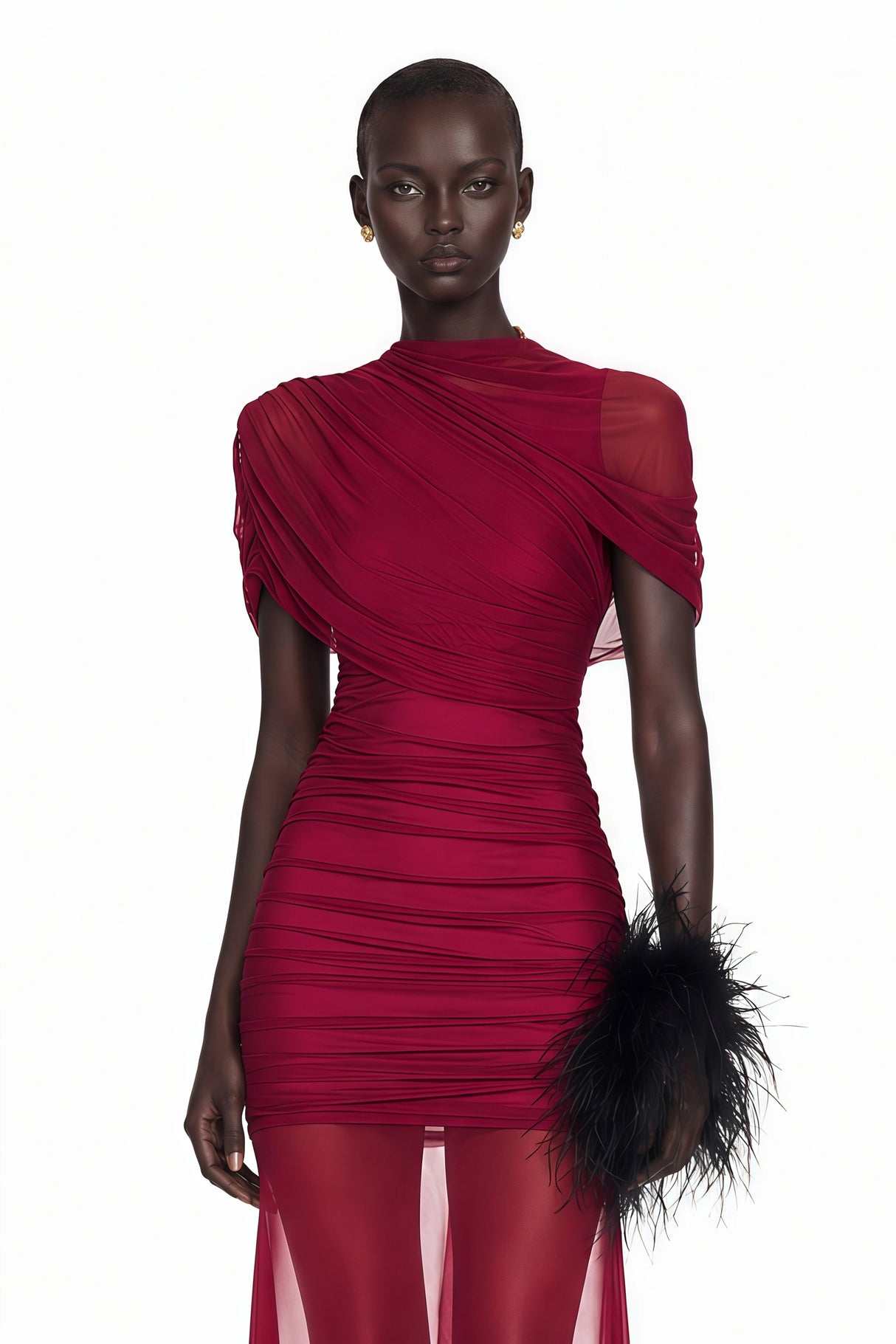 Sylphe Red Asymmetrical Ruched Mesh Maxi Dress