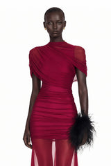 Sylphe Red Asymmetrical Ruched Mesh Maxi Dress