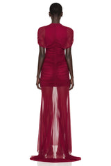 Sylphe Red Asymmetrical Ruched Mesh Maxi Dress