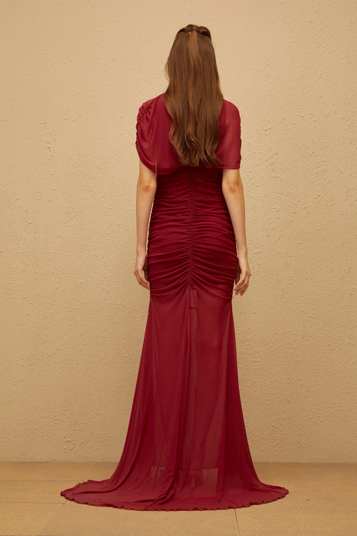 Sylphe Red Asymmetrical Ruched Mesh Maxi Dress